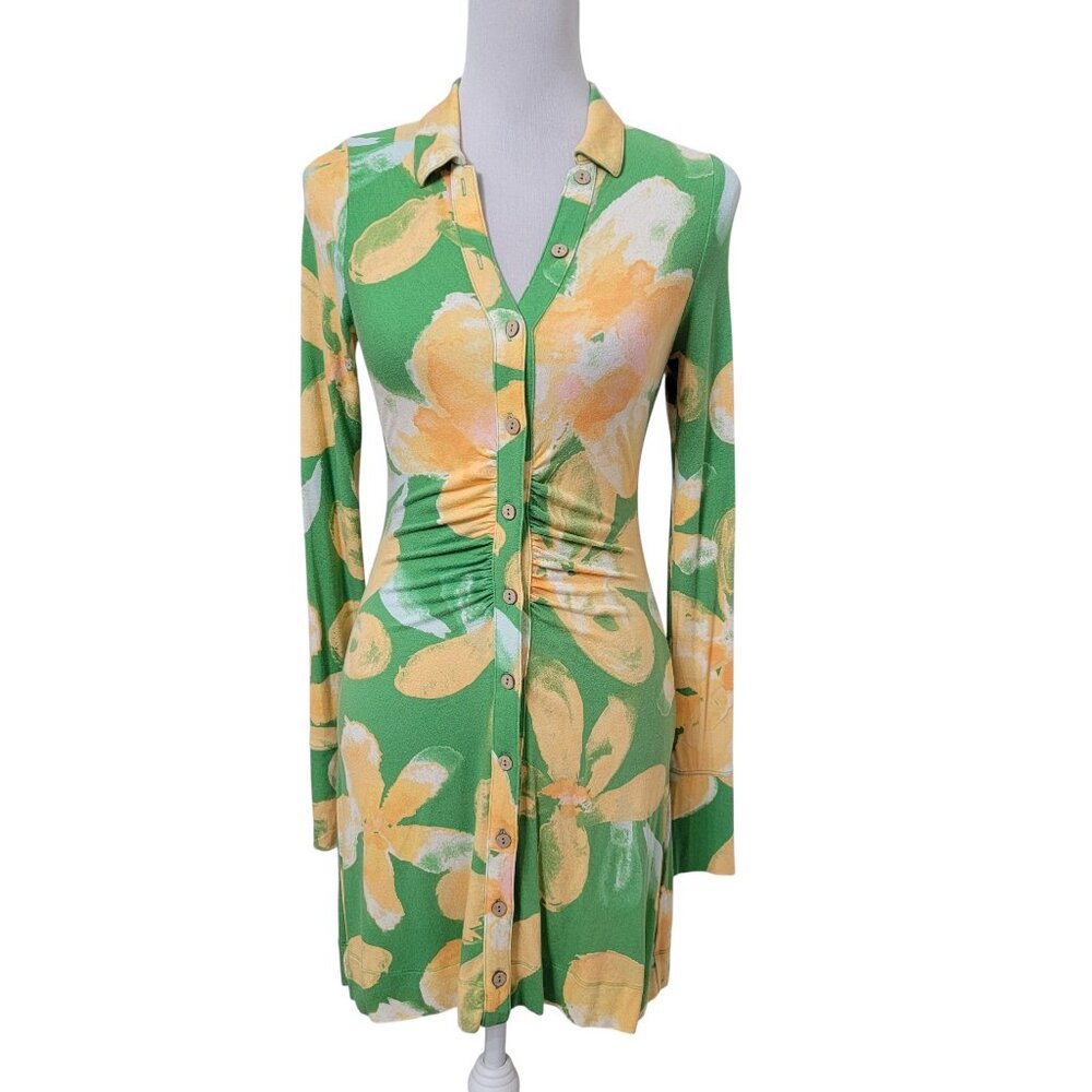 Free People Green & Yellow Floral Long Sleeve Button Dress